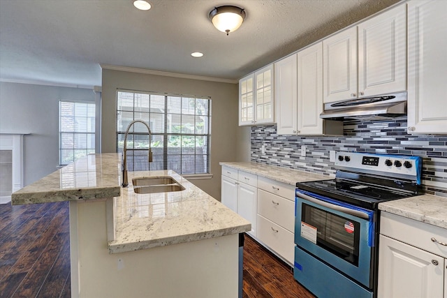 kitchen with stainless steel electric range, a sink, dark wood-style floors, ornamental molding, and under cabinet range hood