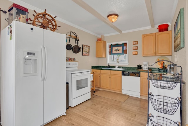 kitchen featuring light hardwood / wood-style floors, white appliances, crown molding, light brown cabinets, and sink