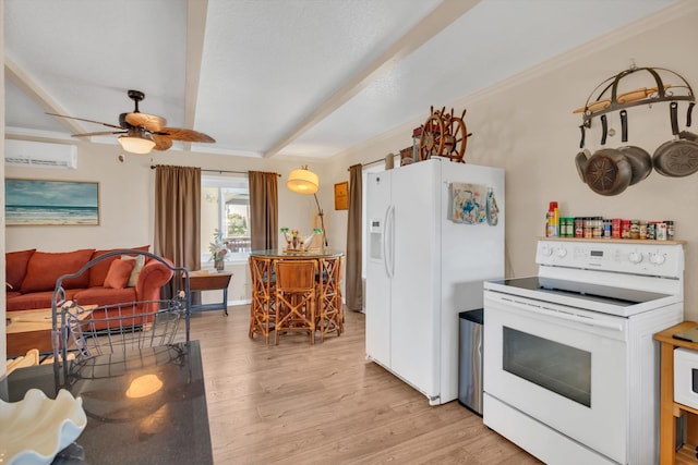 kitchen with ceiling fan, white appliances, light hardwood / wood-style floors, beam ceiling, and a wall mounted AC