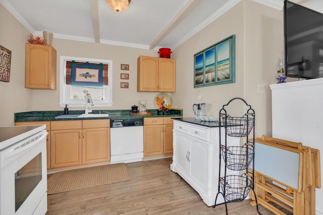 kitchen featuring white appliances, light brown cabinetry, light hardwood / wood-style flooring, sink, and ornamental molding