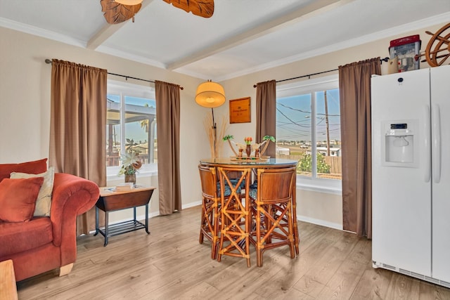 dining space with crown molding, beamed ceiling, light hardwood / wood-style flooring, and ceiling fan