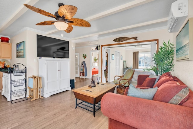 living room with light wood-type flooring, crown molding, ceiling fan, and beamed ceiling