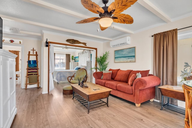 living room featuring light hardwood / wood-style floors, beamed ceiling, ceiling fan, crown molding, and an AC wall unit