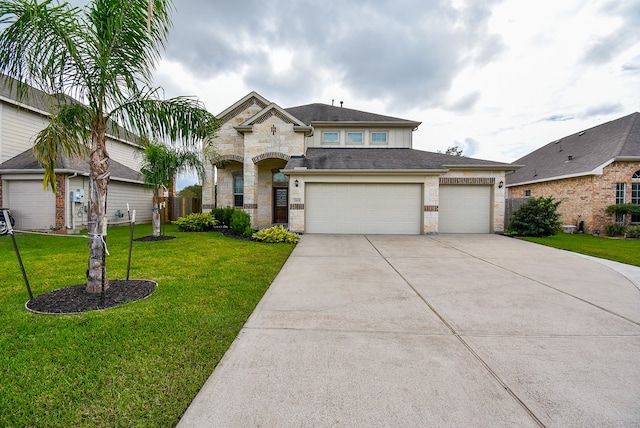 view of front of home with a front yard and a garage