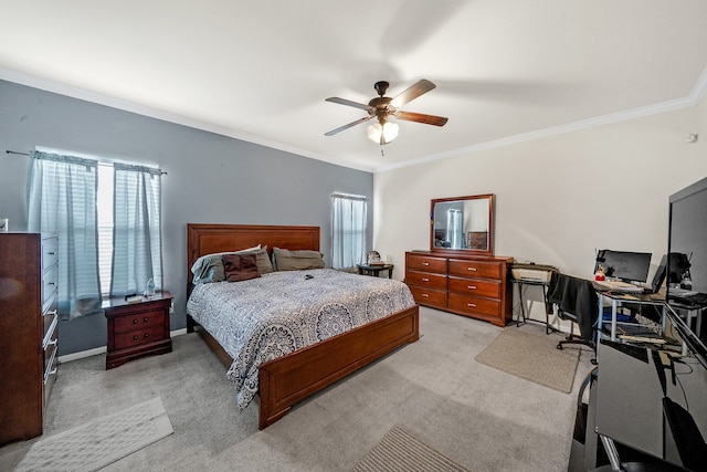 bedroom with ceiling fan, light colored carpet, and crown molding