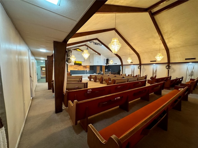 playroom with vaulted ceiling with beams and carpet