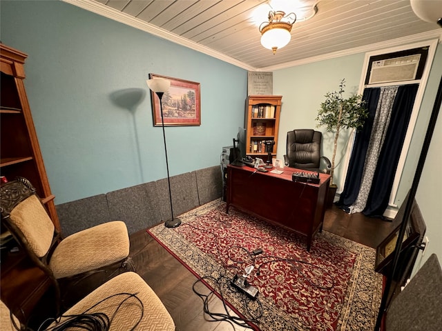 office area featuring wood-type flooring, ornamental molding, and wooden ceiling