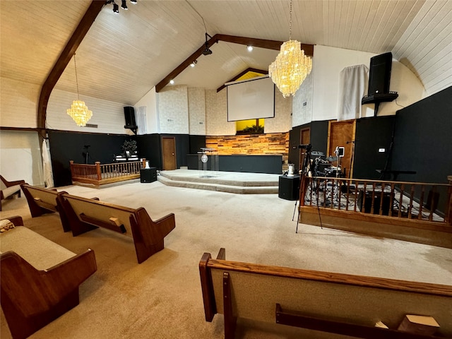 game room featuring light colored carpet, beam ceiling, a chandelier, and high vaulted ceiling