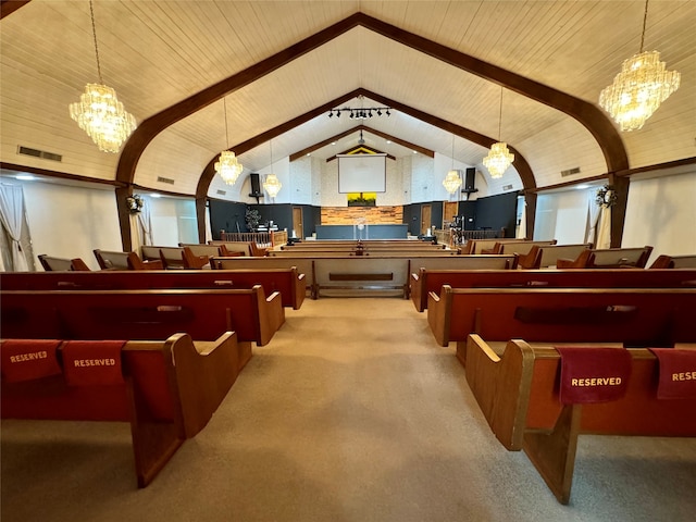 interior space with wooden ceiling, lofted ceiling with beams, and light carpet