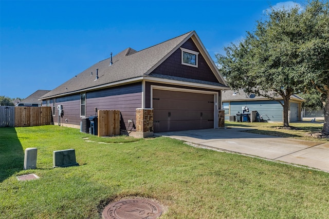 view of property exterior featuring a garage and a yard