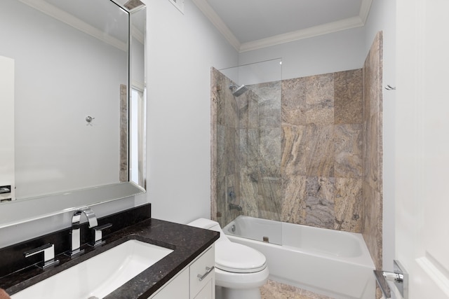 full bathroom with crown molding, tiled shower / bath, vanity, and toilet