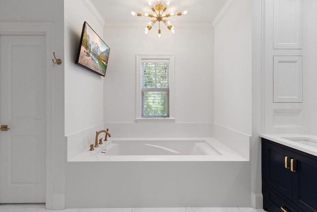 bathroom featuring ornamental molding, tile patterned floors, vanity, and a bath