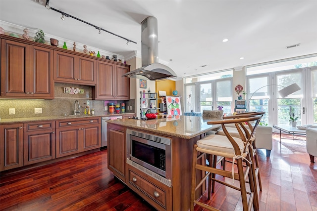 kitchen featuring appliances with stainless steel finishes, island range hood, sink, and dark hardwood / wood-style floors