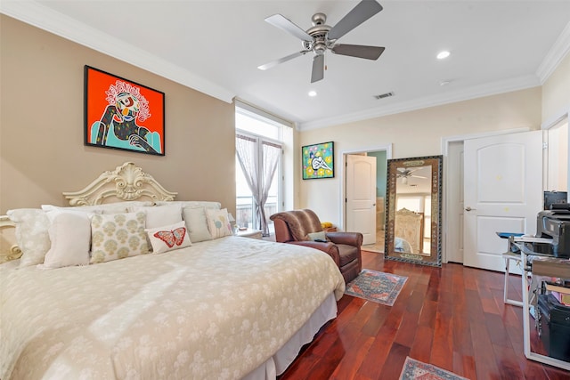 bedroom with ceiling fan, dark hardwood / wood-style floors, and crown molding