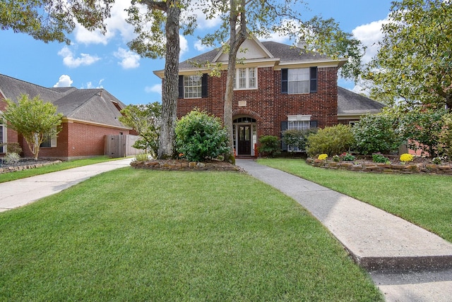 view of front of home featuring a front yard and brick siding