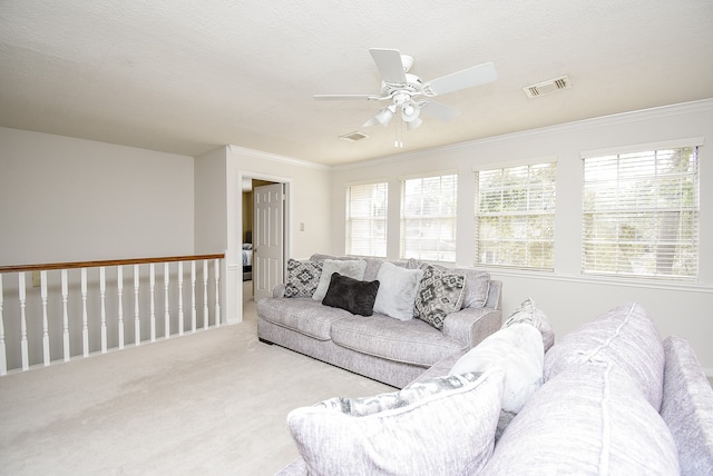 carpeted living room with ceiling fan, ornamental molding, and a textured ceiling