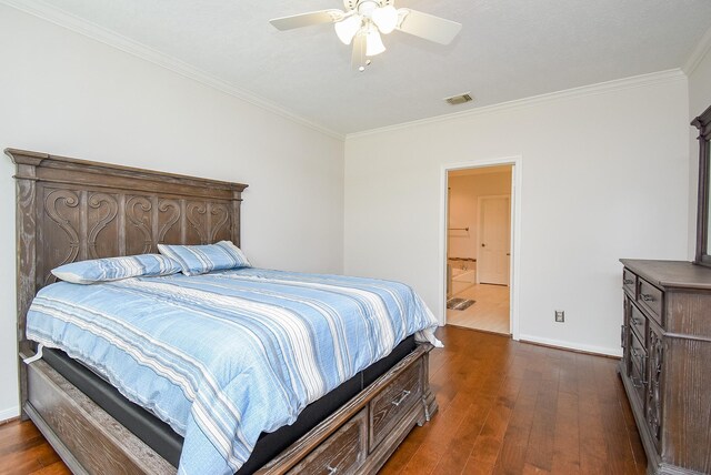 bedroom with ceiling fan, dark wood-type flooring, visible vents, baseboards, and ornamental molding