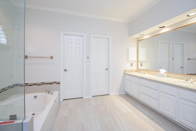 full bathroom featuring a bath, double vanity, ornamental molding, and a sink