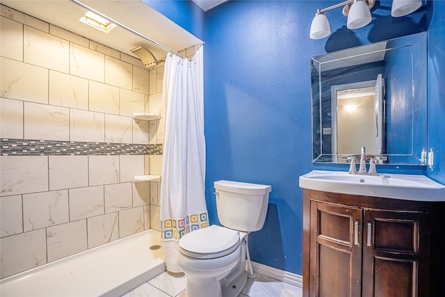 bathroom with vanity, tile patterned floors, toilet, and a shower with shower curtain