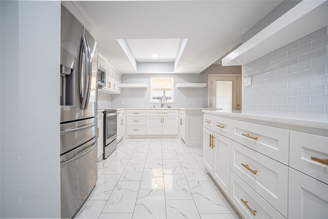 kitchen featuring white cabinets, sink, a tray ceiling, stainless steel appliances, and decorative backsplash