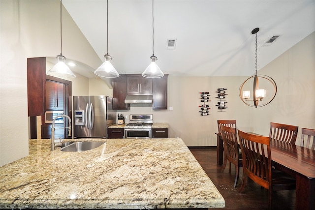 kitchen with lofted ceiling, dark hardwood / wood-style floors, stainless steel appliances, sink, and pendant lighting