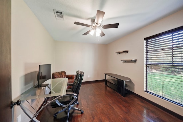 office area with ceiling fan and dark hardwood / wood-style floors