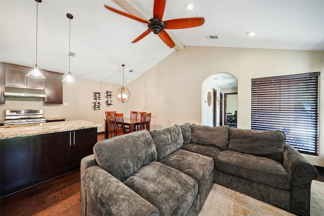 living room featuring ceiling fan, lofted ceiling, and dark wood-type flooring