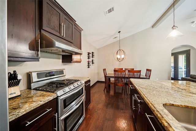 kitchen featuring double oven range, hanging light fixtures, lofted ceiling with beams, and dark hardwood / wood-style flooring