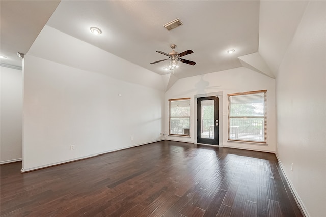 unfurnished room featuring ceiling fan, lofted ceiling, and dark hardwood / wood-style flooring