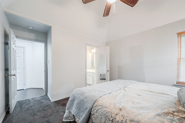 carpeted bedroom featuring connected bathroom and ceiling fan