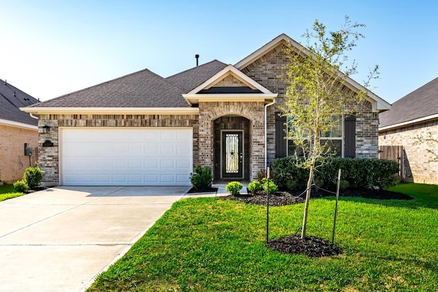 view of front of property featuring a front yard and a garage