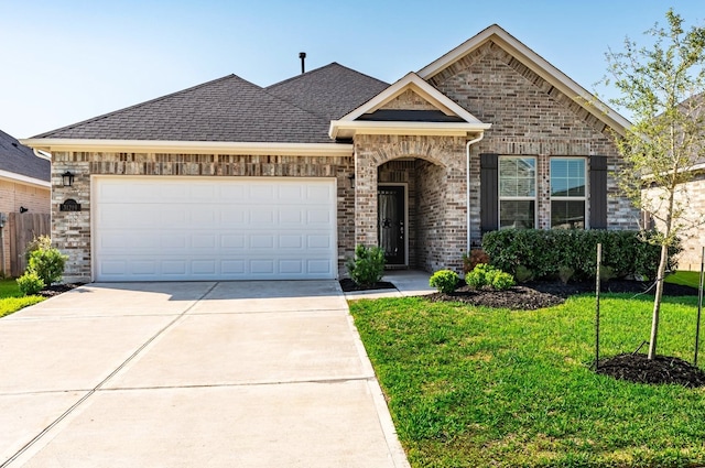 view of front of property featuring a front lawn and a garage