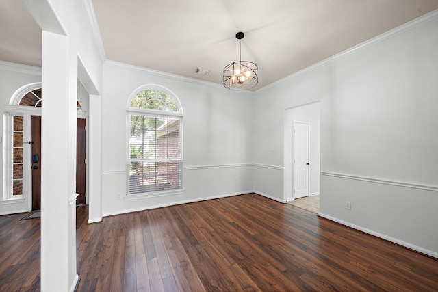 unfurnished dining area with ornamental molding, a chandelier, and dark hardwood / wood-style flooring