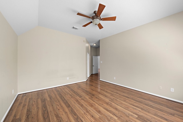 unfurnished room with ceiling fan, lofted ceiling, and dark hardwood / wood-style floors