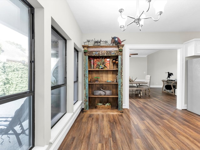 unfurnished dining area with a chandelier and dark wood-type flooring