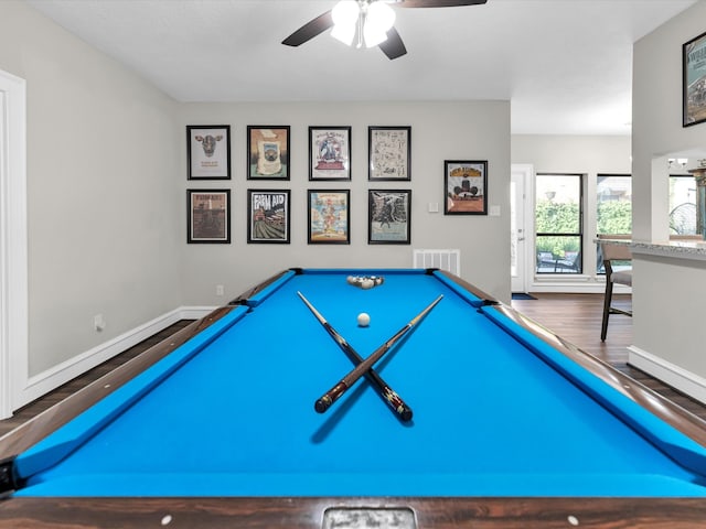 game room featuring hardwood / wood-style floors, ceiling fan, and pool table