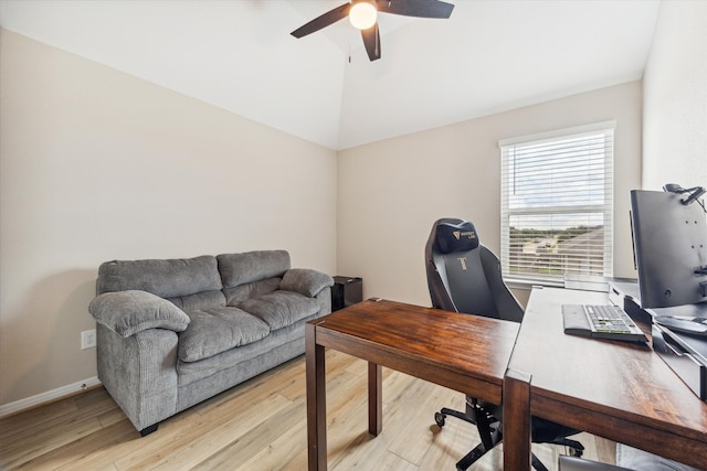 home office featuring ceiling fan and light wood-type flooring