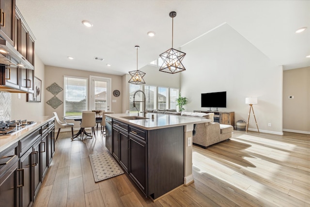 kitchen featuring a center island with sink, light wood-type flooring, sink, and a wealth of natural light