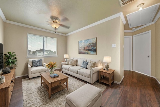 living room featuring ceiling fan, a textured ceiling, dark hardwood / wood-style floors, and ornamental molding