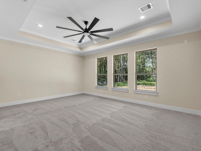 carpeted empty room featuring ceiling fan, ornamental molding, and a raised ceiling