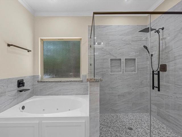 bathroom with ornamental molding and plus walk in shower