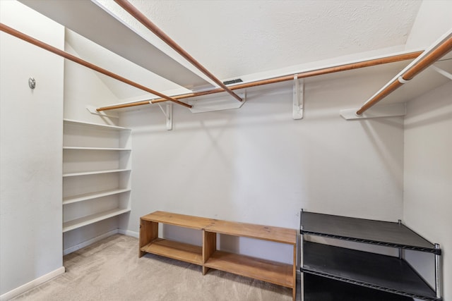 spacious closet featuring light carpet