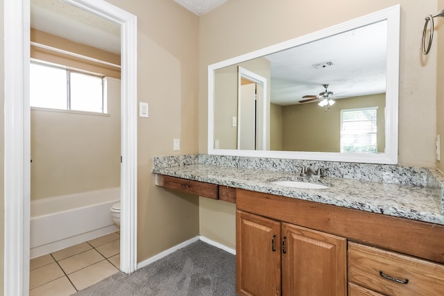 bathroom featuring ceiling fan, plenty of natural light, vanity, and toilet