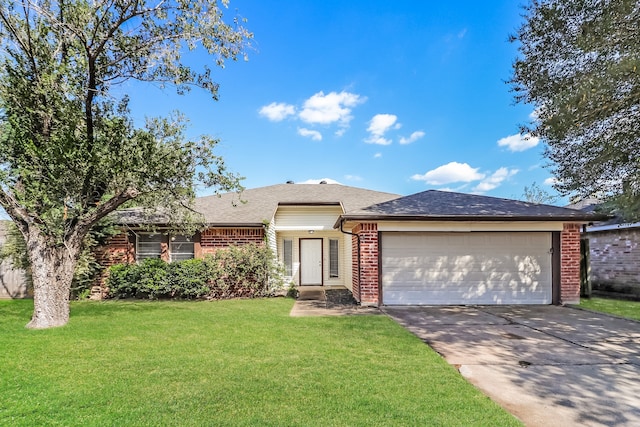 ranch-style home featuring a front yard and a garage