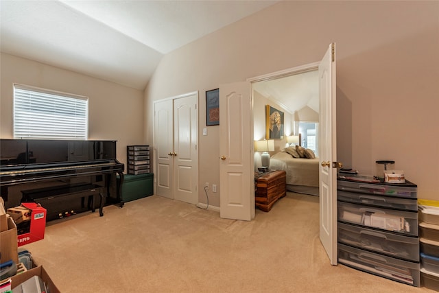 interior space with lofted ceiling, a closet, and light carpet