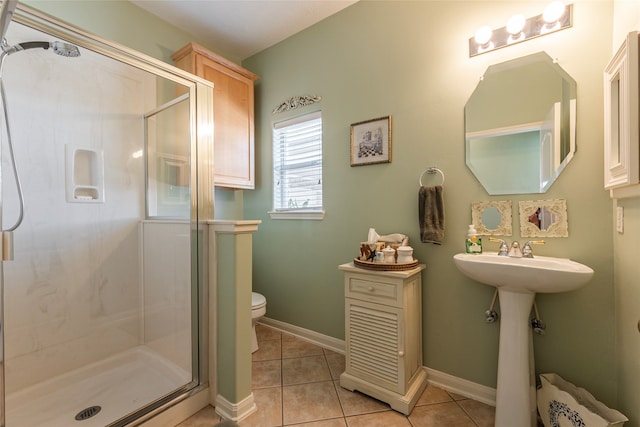 bathroom featuring tile patterned flooring, radiator, a shower with shower door, and toilet