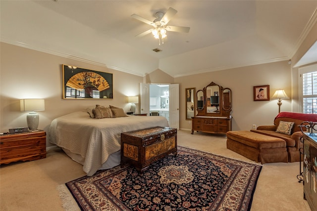 bedroom featuring ceiling fan, lofted ceiling, light carpet, and crown molding