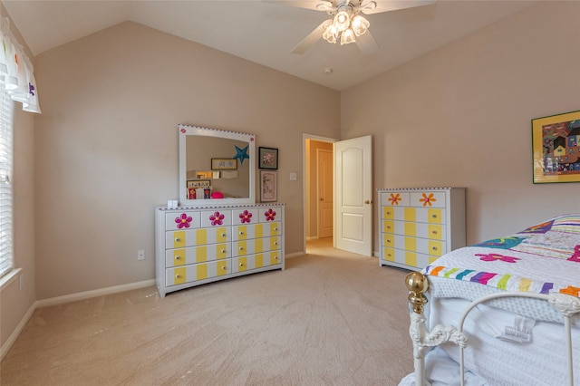 carpeted bedroom with lofted ceiling and ceiling fan