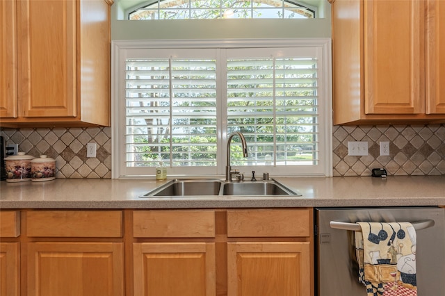 kitchen featuring tasteful backsplash, a wealth of natural light, sink, and stainless steel dishwasher