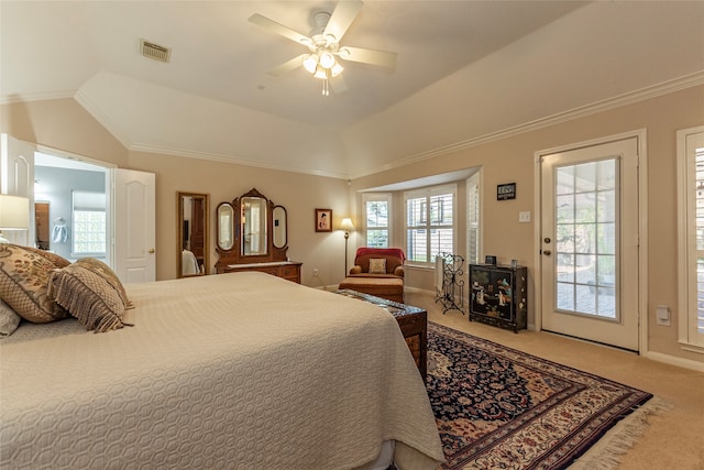 bedroom featuring carpet floors, ceiling fan, crown molding, access to exterior, and lofted ceiling